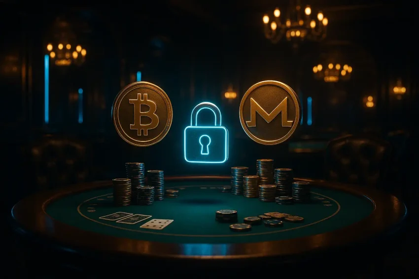Dark casino table in neon blue & gold with cryptocurrency symbols and digital lock for anonymous crypto gambling.