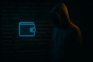 Hooded figure, floating crypto wallet and blockchain code in background — symbolising anonymity in crypto casinos.