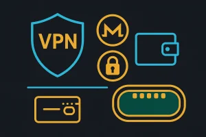 Infographic-style image with VPN shield, privacy coins and wallet separated from casino table — privacy tips for crypto gambling.