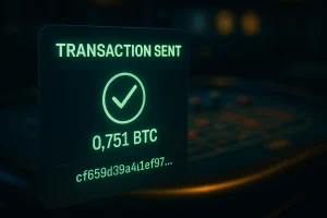 Close-up of crypto transaction screen with green checkmark and blurred casino interface — privacy & speed in gambling.