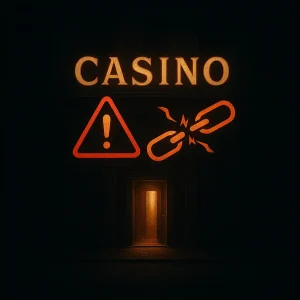 Dark casino scene with warning icons, cracked blockchain links in red/gold — hidden risks of no-KYC crypto casinos.
